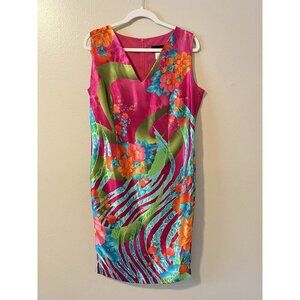 Ashro Dress 12 Bright Pink Floral Tropical Hawaiian Satin Cocktail 60s rainbow
